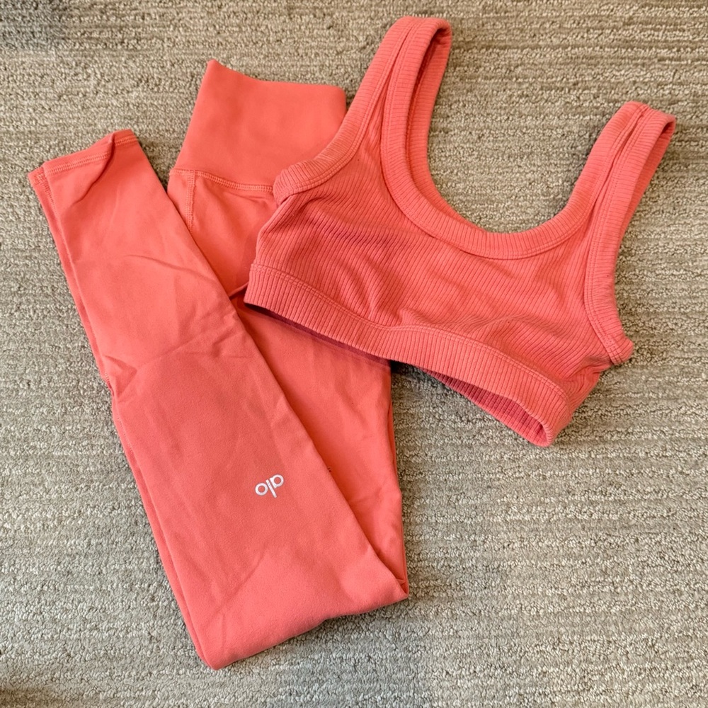 ALO Yoga Coral Ribbed Sports Bra and High-Waist Leggings